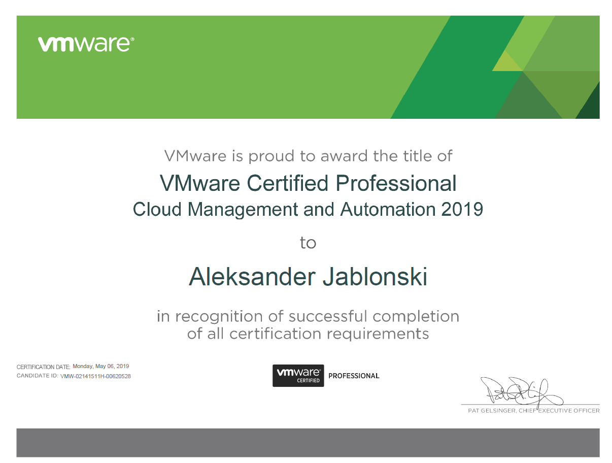 Zdjęcie certyfikatu Cloud Management and Automation 2019 certificate